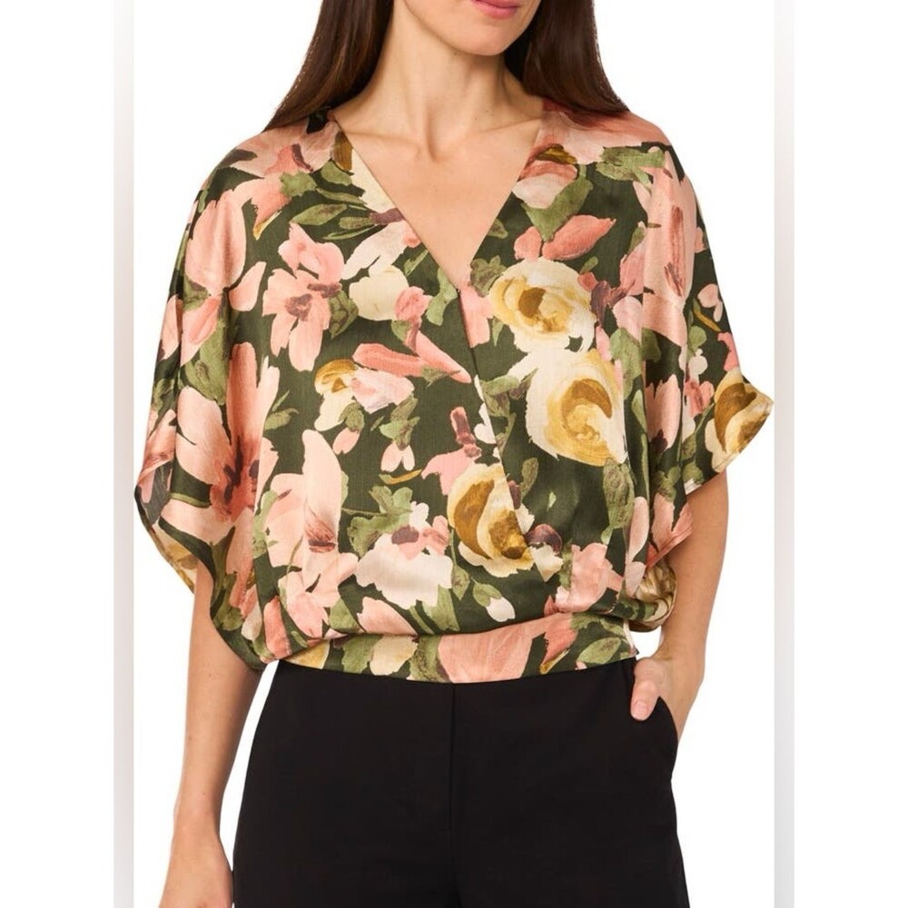 Faux Wrap Satin Top Halogen earthy floral size medium